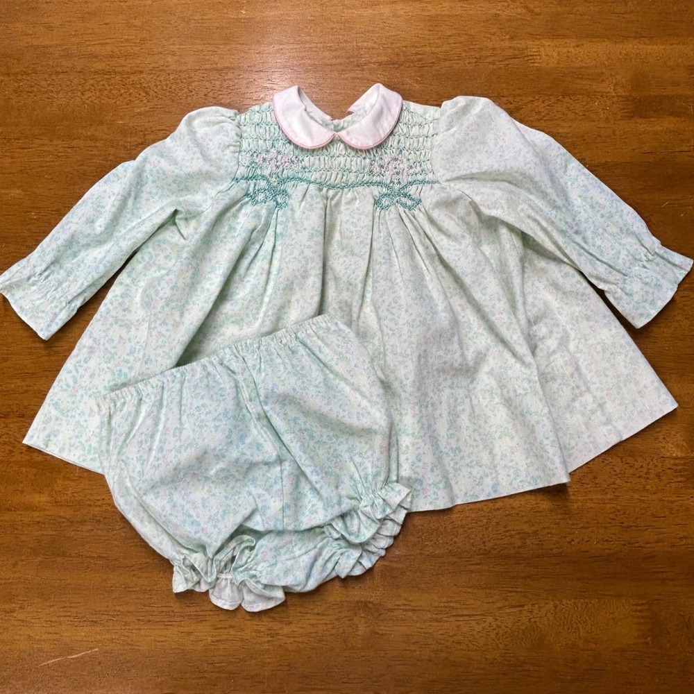 Vintage Polly Flinders Girls 12M Smocked Floral Dress & Bloomers Set Green Pink